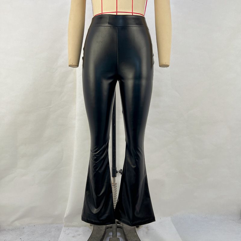 Pantaloni da donna in pelle PU lucida a vita alta pantaloni svasati neri lucidi da donna_voghion.com