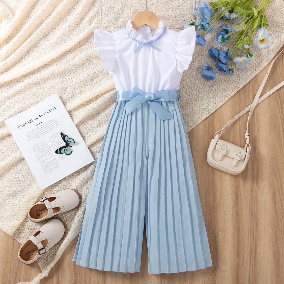 Completo per bambine con top peplo con maniche a palloncino e pantaloni palazzo a gamba larga – Completo alla moda con cintura (4-7 anni, azzurro cielo)_voghion.com