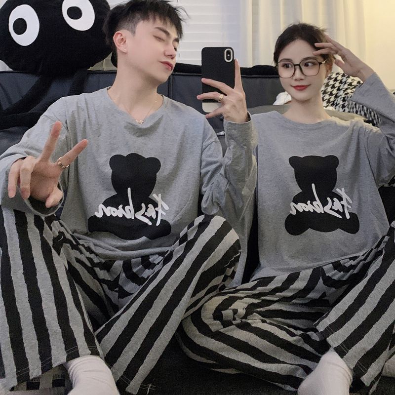 Pigiama a righe coreano per coppie, puro cotone casual a maniche lunghe primaverile e autunnale, per la casa, da uomo e_voghion.com