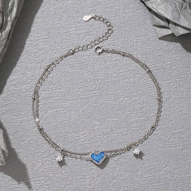 Cavigliera a forma di cuore con doppia catena, design alla moda, in argento, regalo per fidanzata, migliore amica_voghion.com