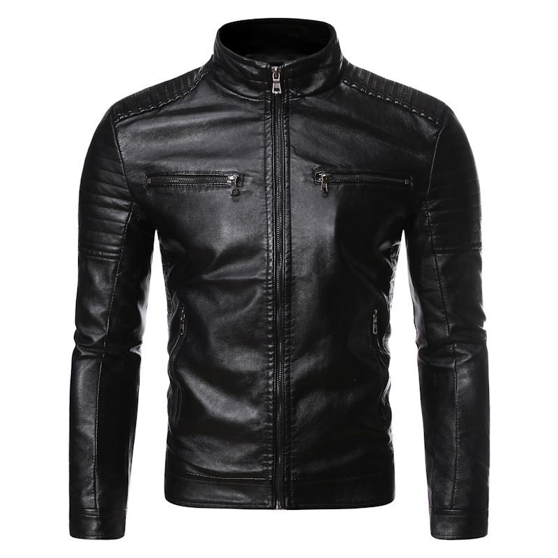 Spring And Autumn Thin Men's Stand-up Collar Double Zipper Pu Leather Jacket Large Size Locomotive Leather Jacket_voghion.com