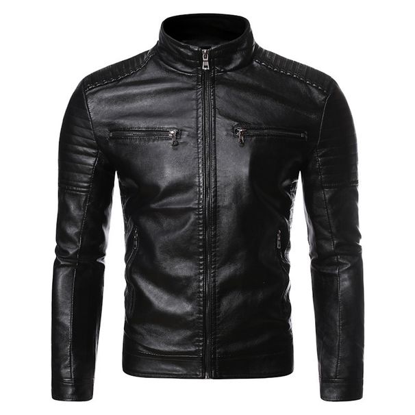 Spring And Autumn Thin Men's Stand-up Collar Double Zipper Pu Leather Jacket Large Size Locomotive Leather Jacket_voghion.com