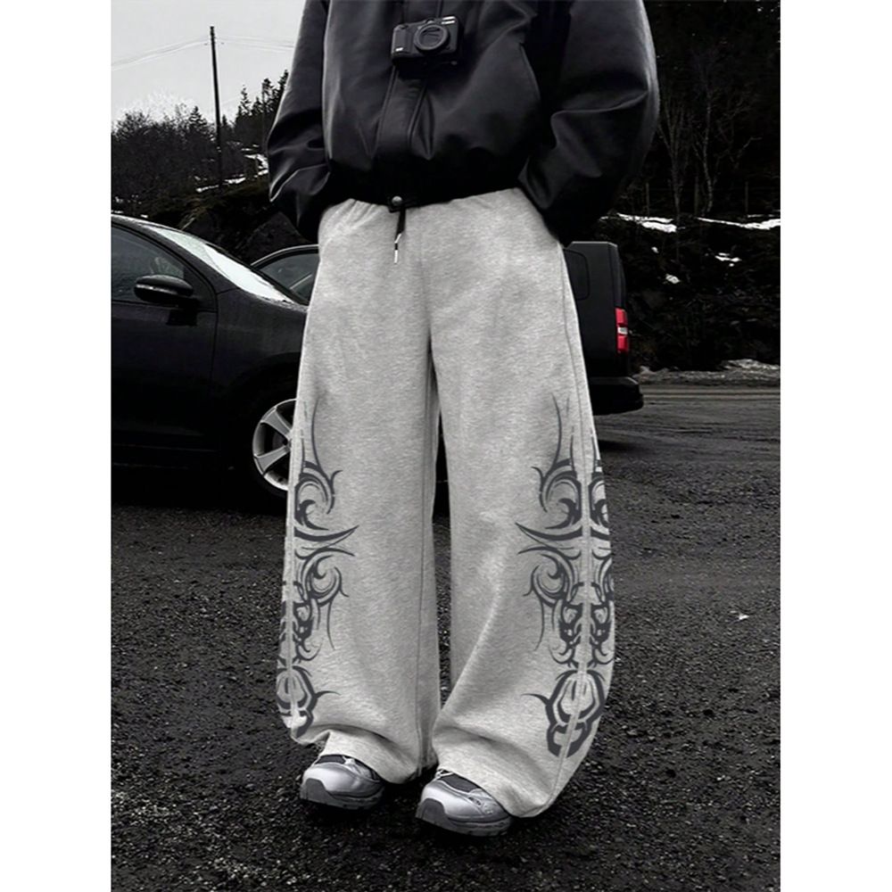 Retro Print Jogger Pants - High Street Hip-Hop Inspired Straight-Leg Sweatpants For Men, Polyester Casual Trousers With Drawstring Waist_voghion.com