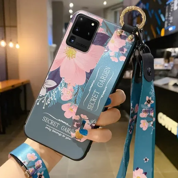 Wrist Strap Lanyard Case For Samsung S25 Plus Ultra S24 FE A56 26 06 16 36 15 25 35 55 Flower Leaves Soft TPU Phone Holder Case_voghion.com