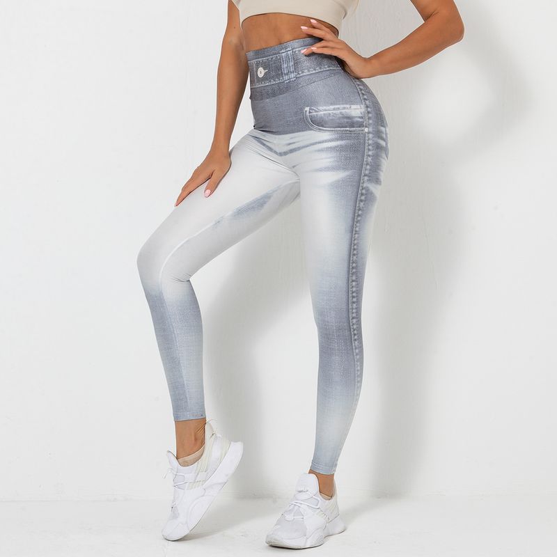 Pantalon de yoga élastique à taille bleue en denim imprimé numérique, pantalon de sport serré de course à pied et de fitness pour femmes, à séchage rapide_voghion.com