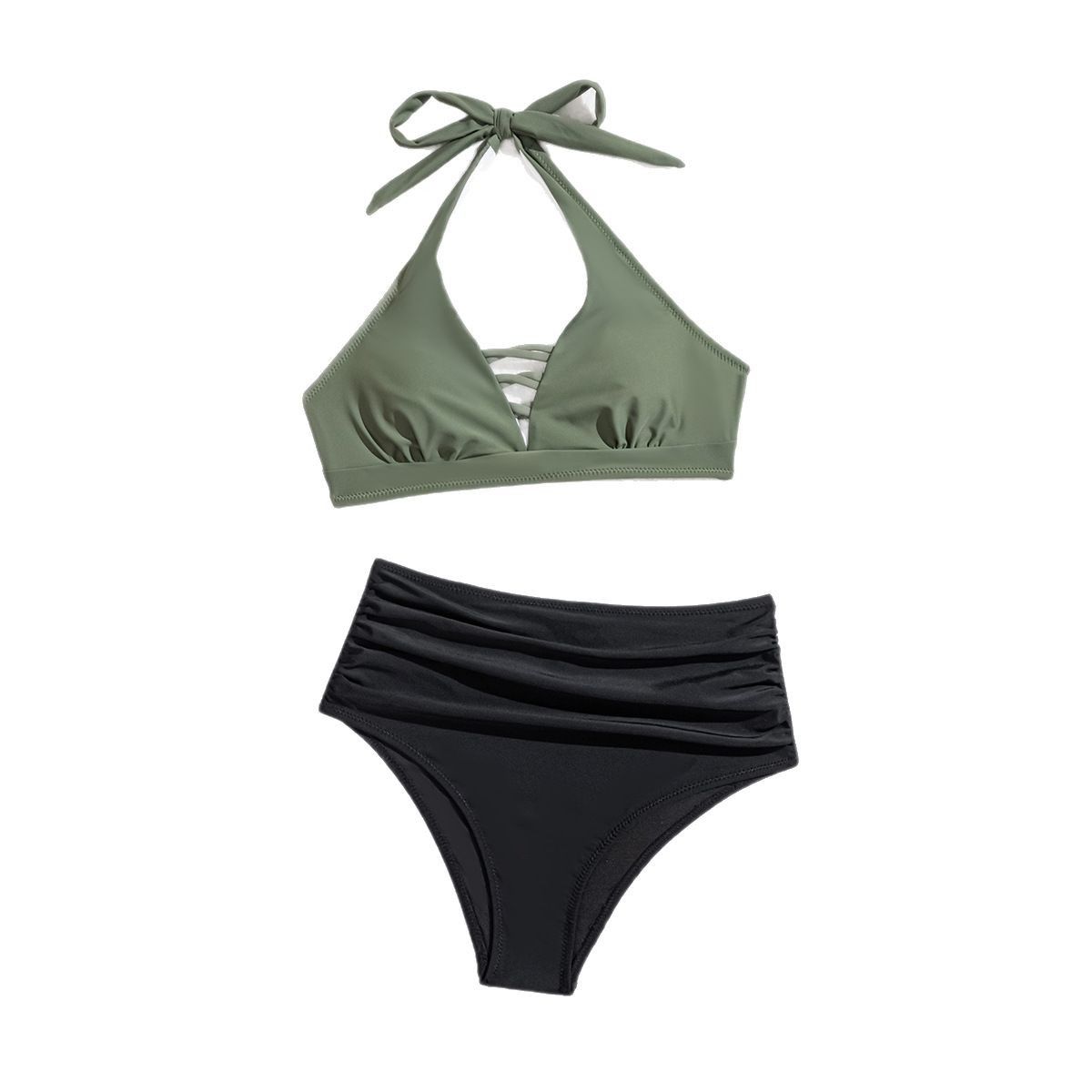 Zomer Nieuwe Dames Nylon Kleurblok Badpak Halter Kruis Tie Hoge Taille Zwembad Vakantie Strandfeest Badmode_voghion.com