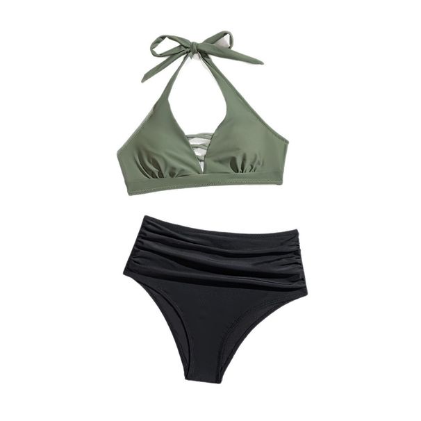 Zomer Nieuwe Dames Nylon Kleurblok Badpak Halter Kruis Tie Hoge Taille Zwembad Vakantie Strandfeest Badmode_voghion.com