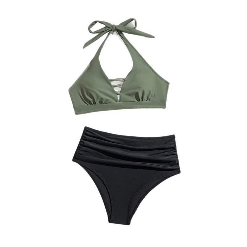 Sommer Neue Damen Nylon Farbblock Badeanzug Neckholder Kreuz Krawatte Hohe Taille Pool Urlaub Strand Party Bademode_voghion.com
