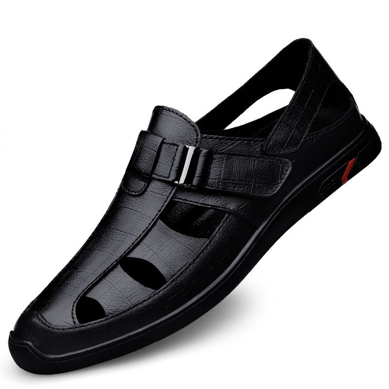Sandals Men's Top Layer Cowhide 2025 New Business Hollowed Out Leather With Soft Toe Caps, Breathable Beach For Dad,_voghion.com