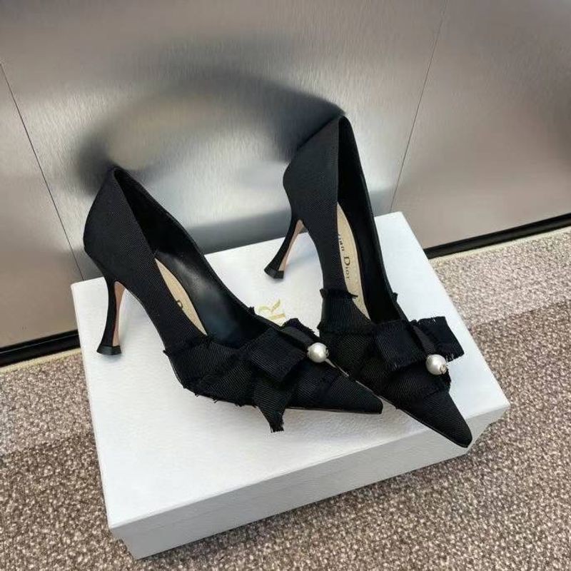 Star Style Tassel Bow Pointed Pearl Letter Hardware Buckle High Heels, Elegant And Fashionable Single Shoes_voghion.com