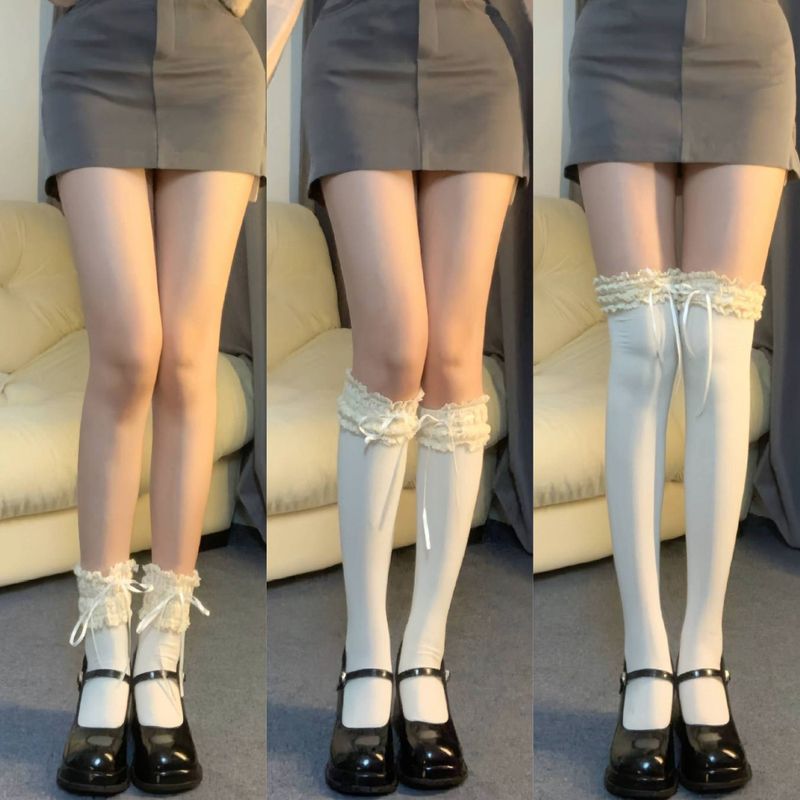 Calzini sopra il ginocchio con pizzo Lolita per donna, primavera e autunno, sottili, bianco latte, a metà polpaccio, Pure Desire_voghion.com