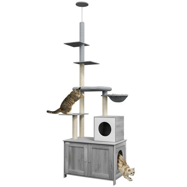 PawHut Cat Tree With Litter Box Enclosure, 2 In 1 Floor To Ceiling Cat Tower Litter Box Furniture With Condo, Bed, Hammock, Scratching Posts, And Pl_voghion.com