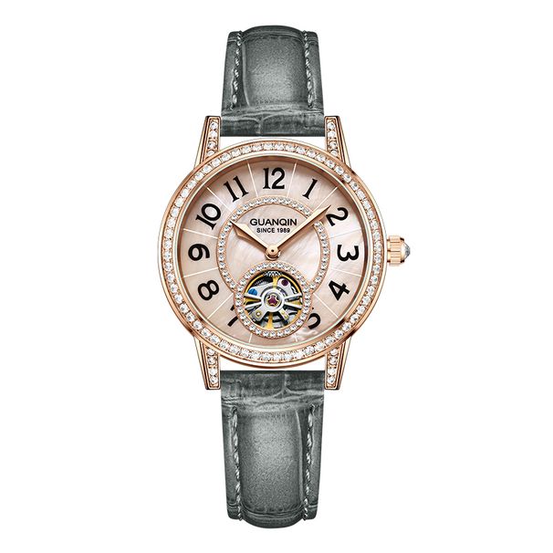 GUANQIN Watches For Women Luxury Mechanical Watch Skeleton Crystal Bezel Leather Strap Leisure 30M Waterproof Lady Wristwatches_voghion.com