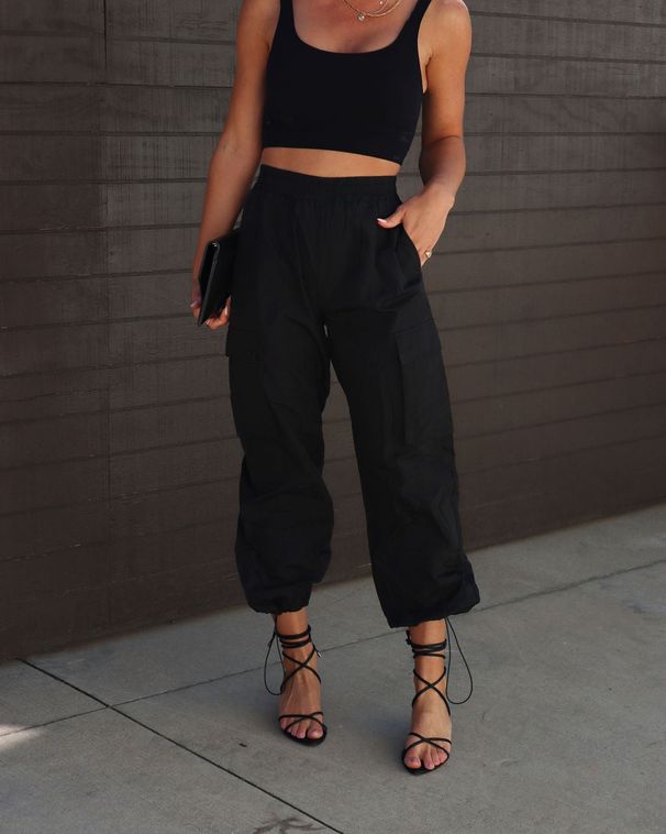 Women's Clothing Multi Pocket Overalls Women's Elastic Waist Loose Drawstring Cuffs Woven Casual Trousers_voghion.com