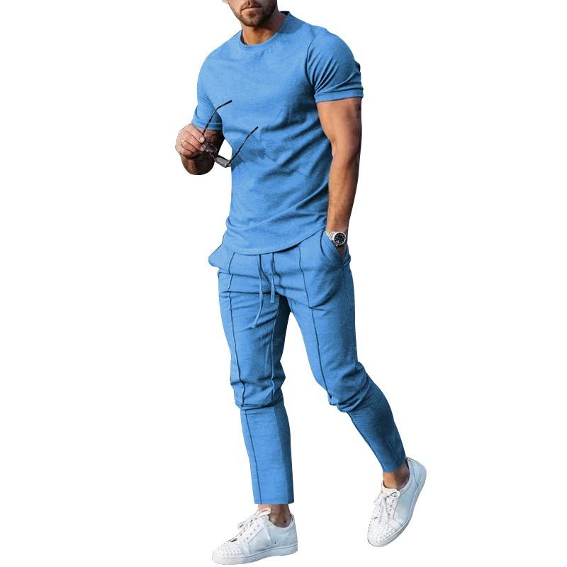 Costume deux pièces pour hommes, couleur unie, décontracté, col rond, manches courtes, sports T_voghion.com