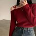 Top in maglia con lacci e spalle scoperte, da donna, stile corto, autunno e inverno, con base in maglia rossa_voghion.com