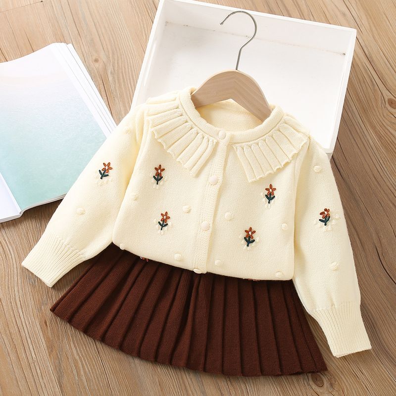Completo in maglia per bambine, autunno e inverno, nuovo stile coreano, cardigan a maniche lunghe lavorato a maglia con fiori, due pezzi_voghion.com
