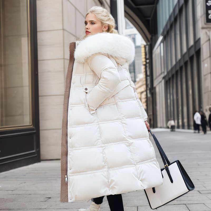 Slim Big Wool Collar Lengthened Clothing Women's Long Knee Belt Cotton Coat_voghion.com