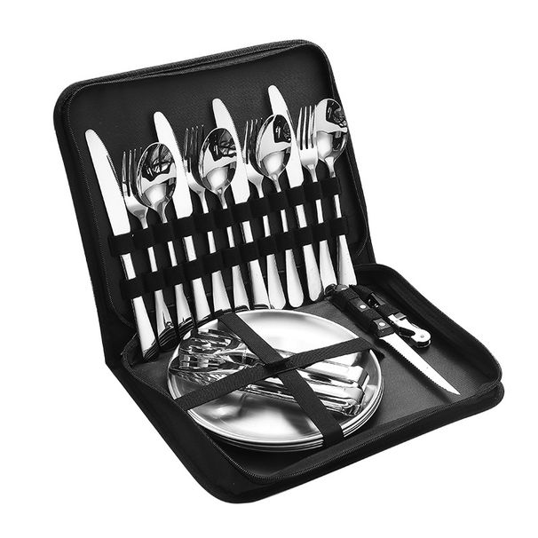 Camping Silverware Silver Picnic Plates And Utensils Set For 4 Portable Tableware Stainless Steel Flatware 20 Pieces With Organizer Bag Reusable_voghion.com