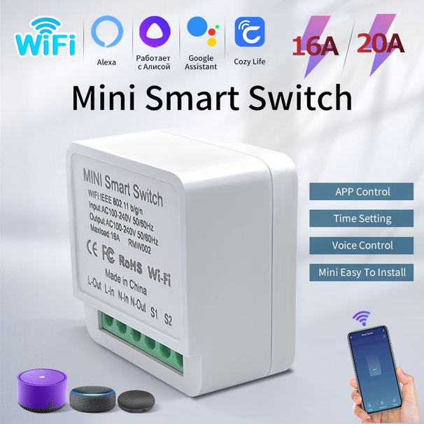 Módulo de interruptor inteligente mini WiFi 16A/20A, aplicativo Cozy Life bidirecional, controle remoto para Alexa, Google Home Automation, controle de voz_voghion.com