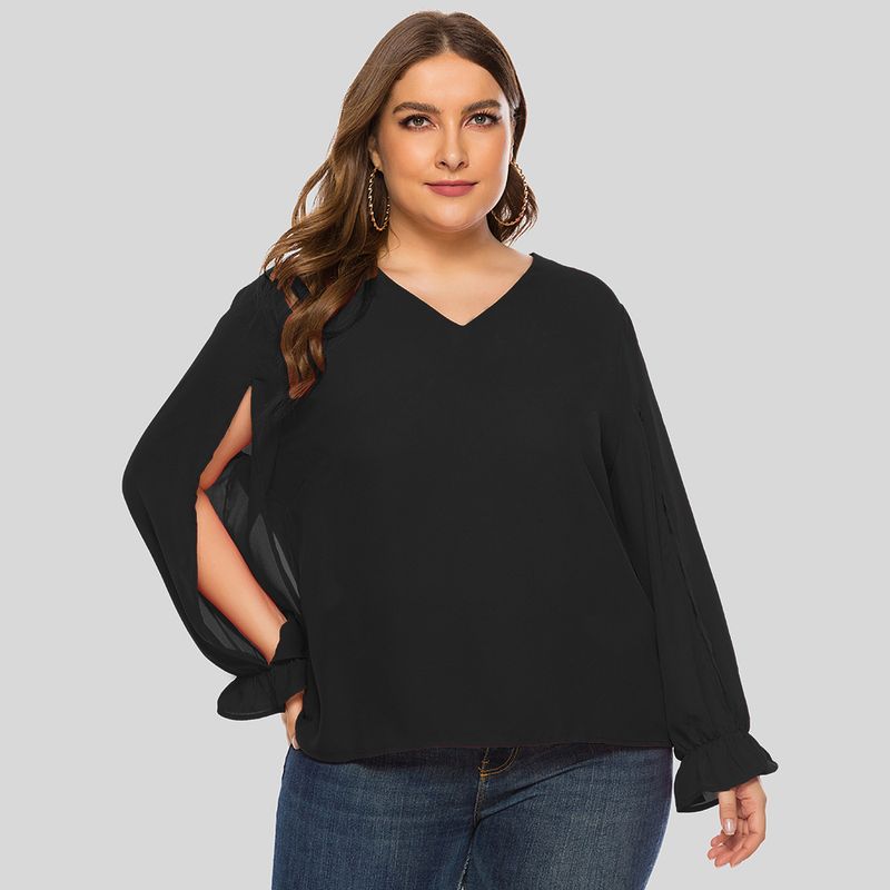 Large Women's Fat MM2023 Spring/Summer Solid V-Neck Split Bubble Sleeve Loose Long Sleeve Chiffon Shirt JR336_voghion.com