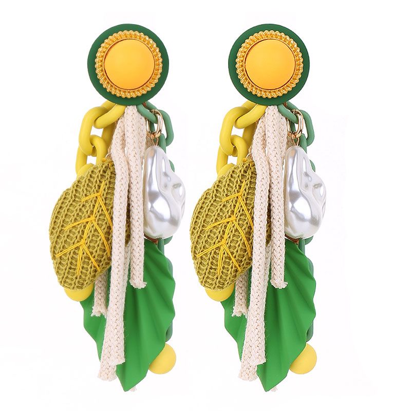1 paio di orecchini pendenti in filo di cotone con nappa in lega acrilica, fatti a mano, con foglie di pendolarismo, design originale_voghion.com