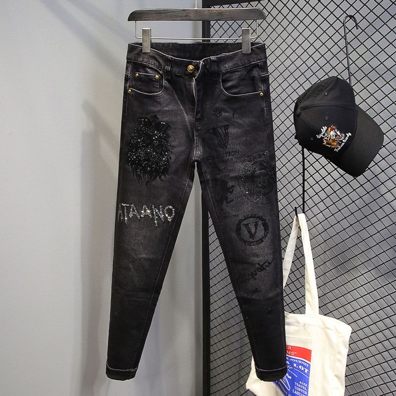 Hot Diamond Jeans Fashion Brand Elastic Slim Fit Small Feet Autumn Embroidered Printed Men's Pants_voghion.com