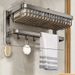 Gunmetal Bathroom Towel Rack Set - Space Saving Foldable Shelf With Corner Basket & Toilet Brush Holder - No Drill Installation_voghion.com