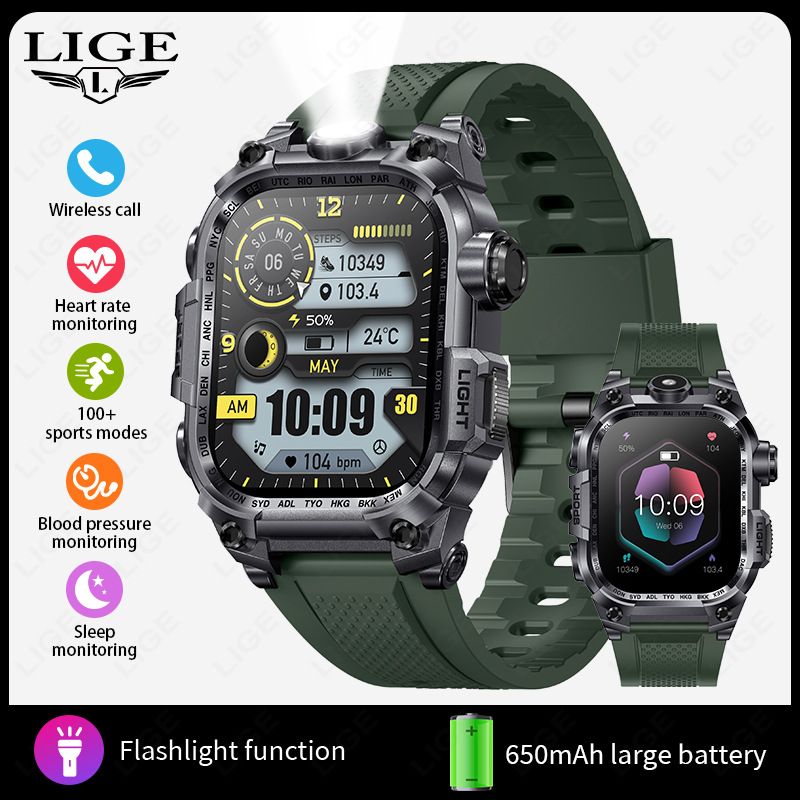 Multi Functional Large Screen Square Outdoor Smart Watch Flashlight Health Monitoring Sports Bracelet Men's_voghion.com