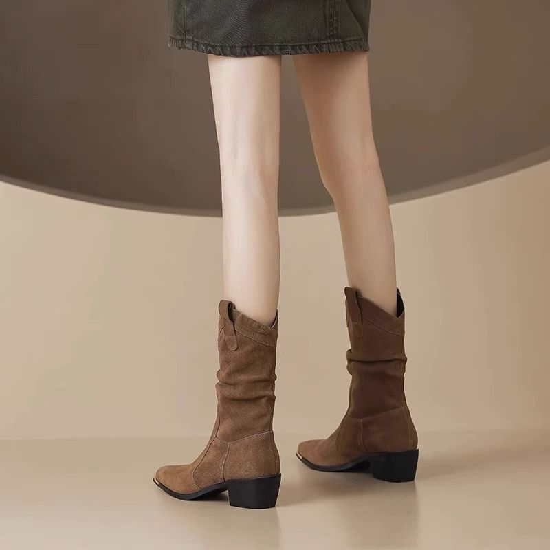 Cowboy boots women's autumn new stacked pleated boots pointed retro thick heel medium tube short boots_voghion.com
