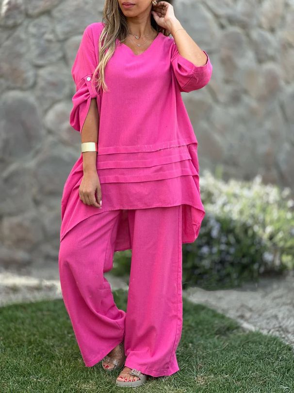 Damenbekleidung 2-teiliges Set Plus Size Hemdanzug aus Baumwolle und Leinen mit hoher Taille und lockerer Hose_voghion.com