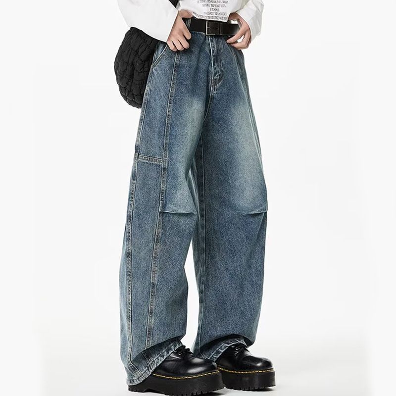 FUIV American High Street Jeans fir Hären Fréijoer Pinch Fold Breetbeen Loose Riicht Tube Gewaschen Rascal Schéin Casual Hosen_voghion.com