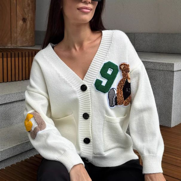 Übergroße Strickjacke für Damen, weich, gemütlich, V-Ausschnitt, lange Ärmel, Anime-Print, lässig, lockere Passform, Pullover für Herbst und Winter_voghion.com