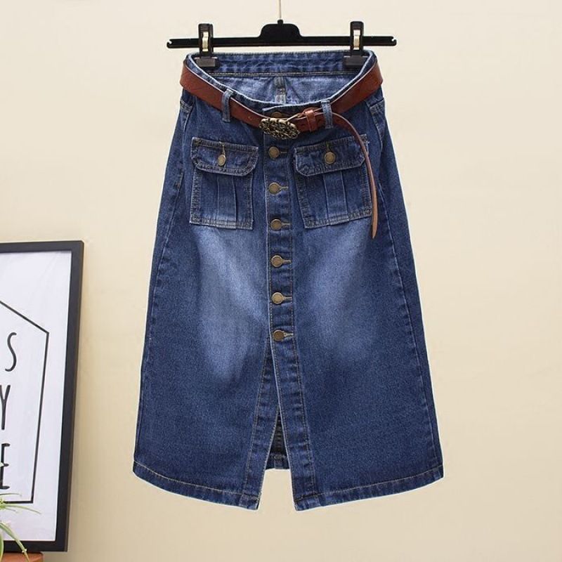 Gonna da donna Gonna in denim a vita alta di media lunghezza Nuova primavera Gonna retrò con una fila di bottoni e spacco a linea A_voghion.com