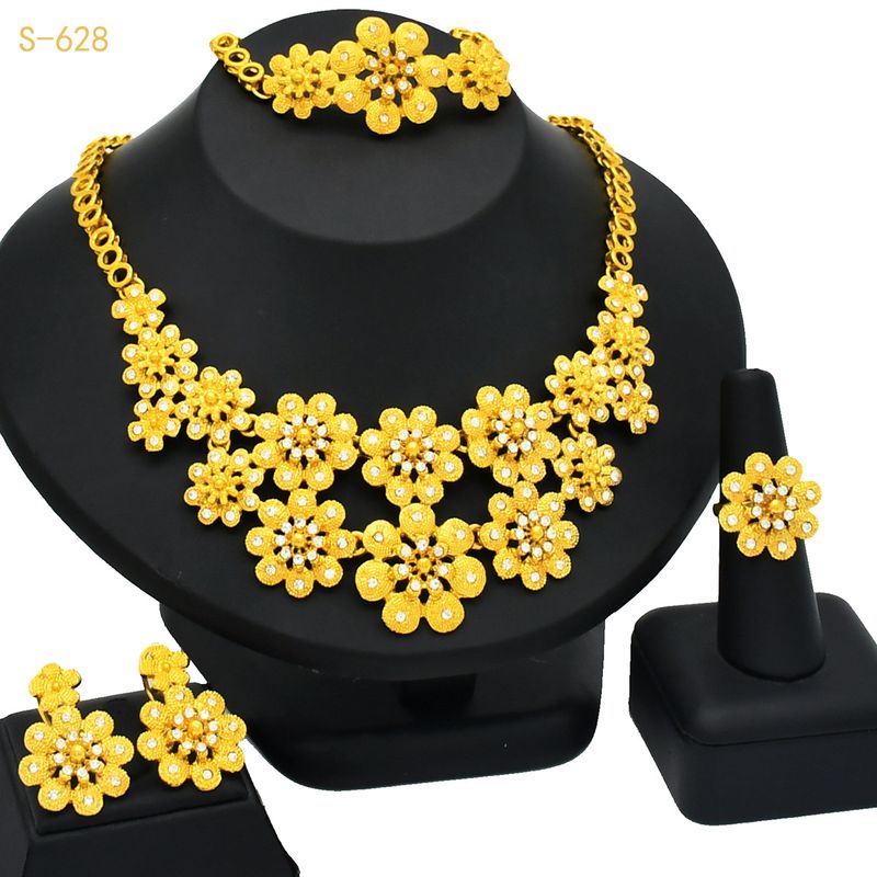 Set di gioielli placcati in oro con fiori esagerati, collana lunga, anello, braccialetto, orecchini, set da 4 pezzi_voghion.com