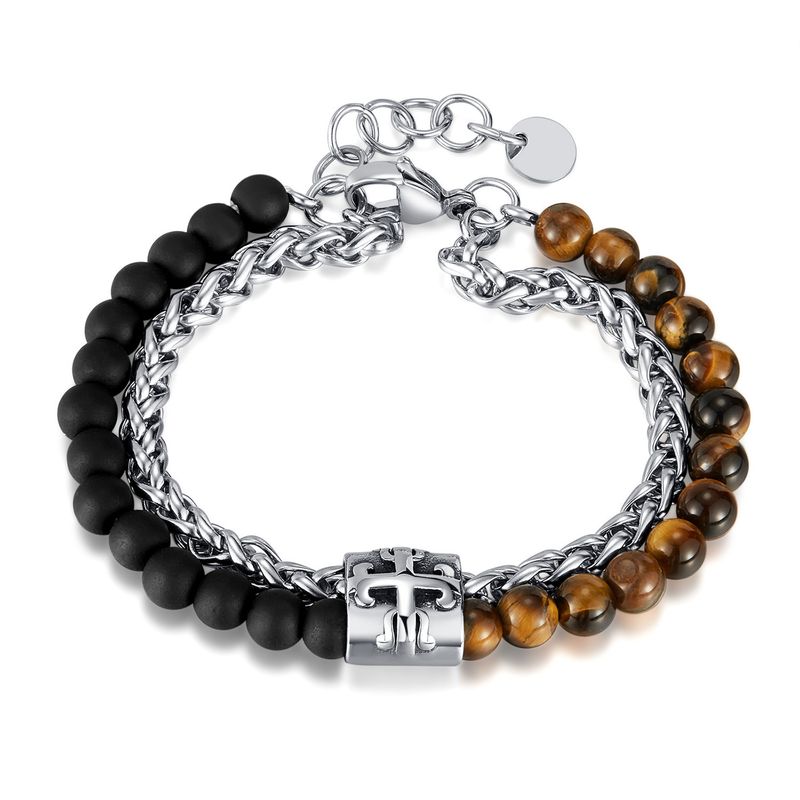 Bracciale da uomo con design di tendenza, in acciaio inossidabile, a doppio strato, con pietra occhio di tigre impilabile_voghion.com