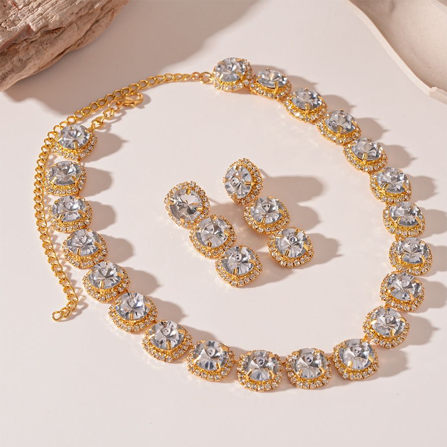 Light luxury diamond-encrusted square round geometric stud earrings necklace set, dinner temperament 2-piece set_voghion.com