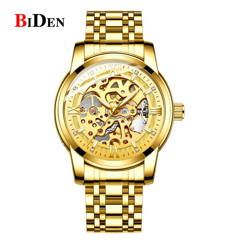 BIDEN Orologio meccanico classico di lusso con quadrante in diamanti, lancette luminose, orologio automatico scheletrato in oro da uomo, cinturino in acciaio inossidabile_voghion.com