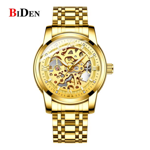 BIDEN Orologio meccanico classico di lusso con quadrante in diamanti, lancette luminose, orologio automatico scheletrato in oro da uomo, cinturino in acciaio inossidabile_voghion.com