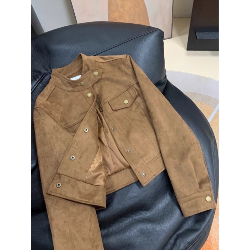 Damkläder Maillard kaffefärgad jacka sammetsläderkappa damdesign vår- och höstdesign nisch liten kort topp för motorcykelkläder_voghion.com