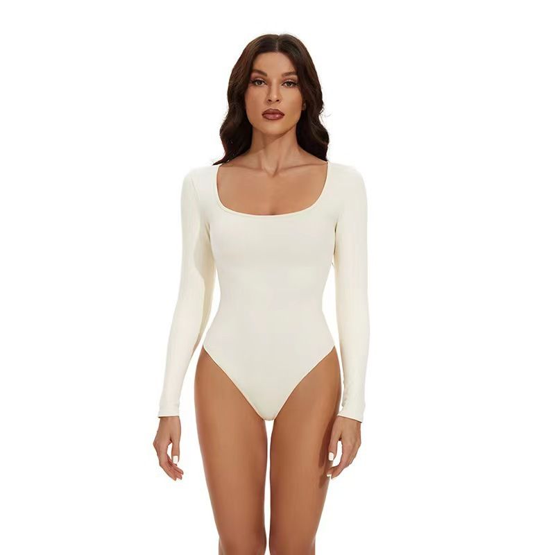 Langärmlige Shapewear, eng anliegender und bauchbetonter Overall, hohe Elastizität, Herbst und Winter in Übergröße, bauchbetonter Rundhalsausschnitt_voghion.com