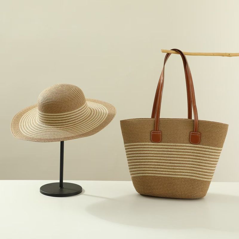 I produttori forniscono un set di due pezzi di cappelli di paglia di vendita calda, cappelli da sole, grandi borse di tela di grande capacità, set di borse da spiaggia, set estivo_voghion.com