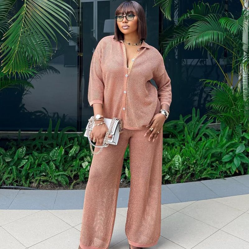 Women's Clothing Large Size Fashion Lapel Knitted Cardigan Wide Leg Trousers Two Piece_voghion.com