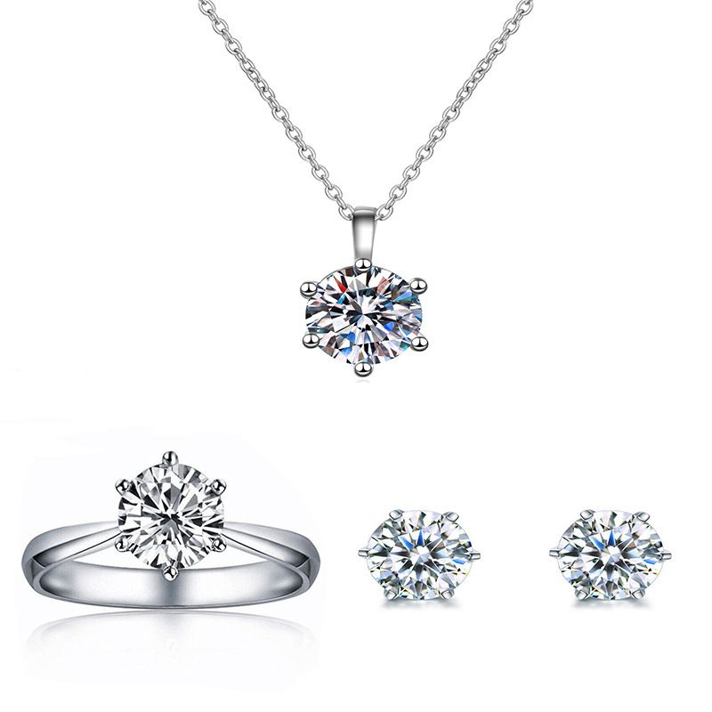 Set di gioielli da donna, moda, argento classico, collana con diamanti a sei griffe, anello, orecchini, gioielli, completo_voghion.com