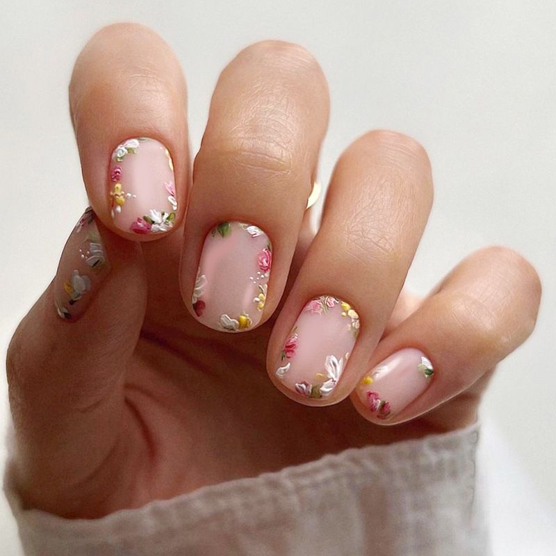 Ronde korte 24-delige kop kunstnagels Draagbaar bloemontwerp Nep-nageltips Afneembare ballerina Volledige dekkingspers_voghion.com