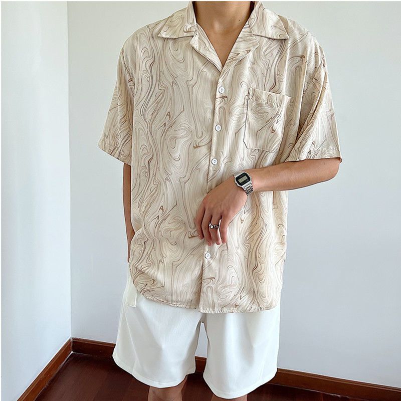 Heren vintage golvend overhemd met korte mouwen - losse pasvorm casual V-hals top voor de zomer, comfortabele kleding in westerse stijl_voghion.com