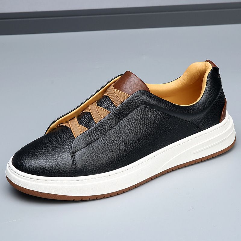 Men's Genuine Leather High-End Thick-Soled White Sneakers Autumn Trendy Versatile Slip-On Lazy Casual Shoes_voghion.com