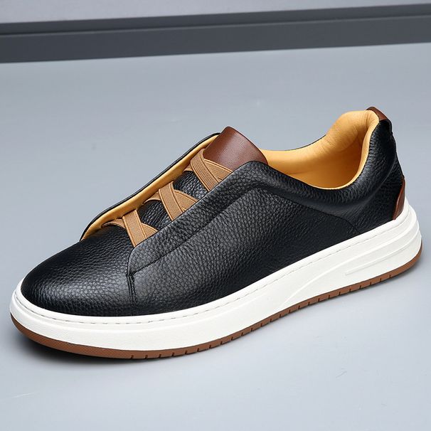 Men's Genuine Leather High-End Thick-Soled White Sneakers Autumn Trendy Versatile Slip-On Lazy Casual Shoes_voghion.com