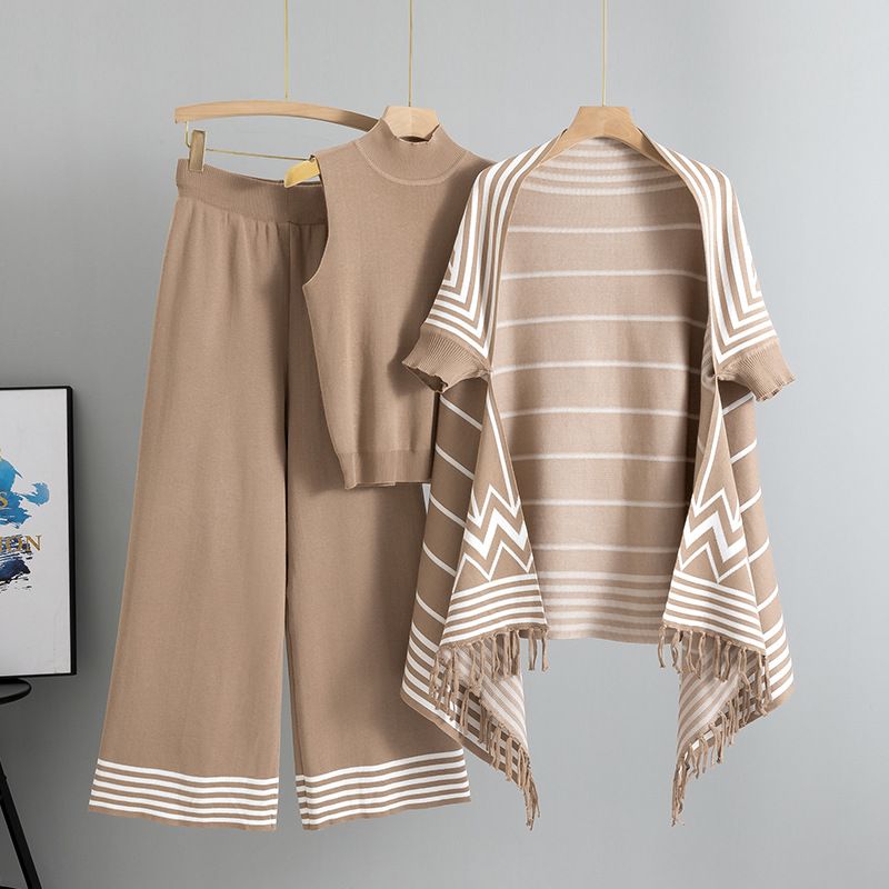 Ensemble 3 pièces élégant et décontracté pour femme, châle rayé, gilet et pantalon large, tenue automne/hiver (kaki, beige, noir, jaune terre)_voghion.com