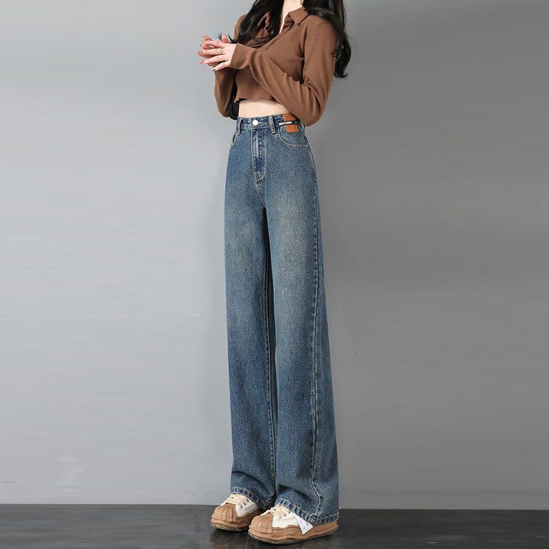 Denim per la primavera e l'autunno da donna, nuovo design dell'etichetta in pelle, sensazione di caduta a forma di pera, vita alta e ampia, dritta_voghion.com